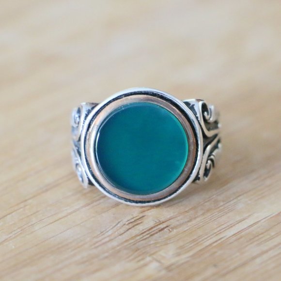 925 Sterling Silver Men's Ring with Green Agate Stone - Picture 3 of 11